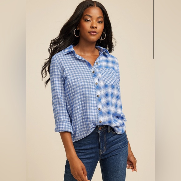 Maurices Collegiate Plaid Button Down Shirt Blue White Plus Size XXL Flannel - Picture 1 of 6